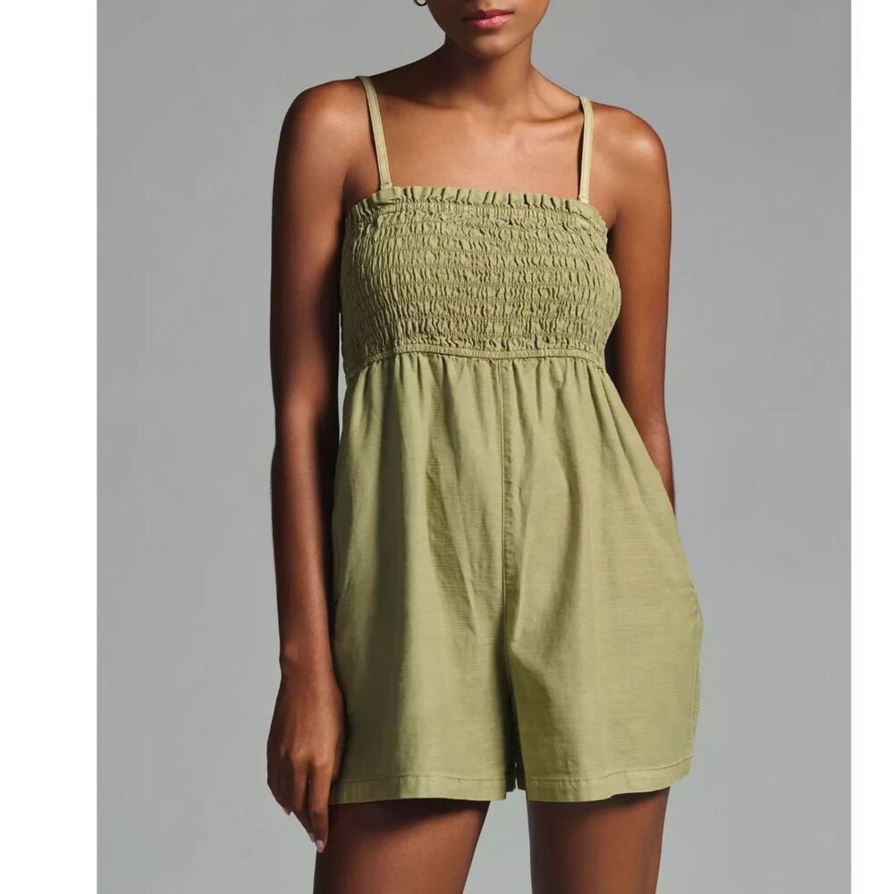 Anthropologie PILCRO Strappy Smocked Romper Green Sz M